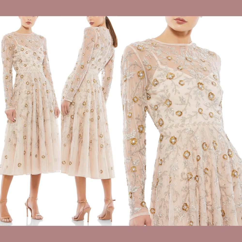 NWT‎ $598 Mac Duggal [ 10 ] Beaded Floral Long Sleeve Midi Dress in Nude #G1685